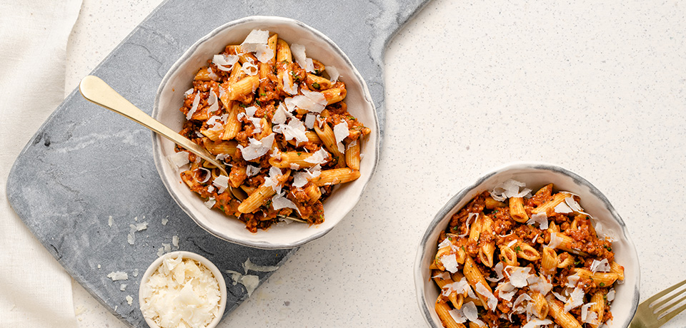 Penne with Plant-based “Meat” Sauce